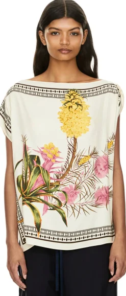 Asymmetrisches Top aus bedrucktem Viskose-Twill Beige
