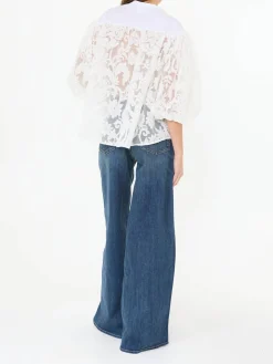 Bestickte Spitzenbluse mit Ballonärmel Weiß