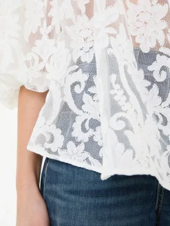 Bestickte Spitzenbluse mit Ballonärmel Weiß
