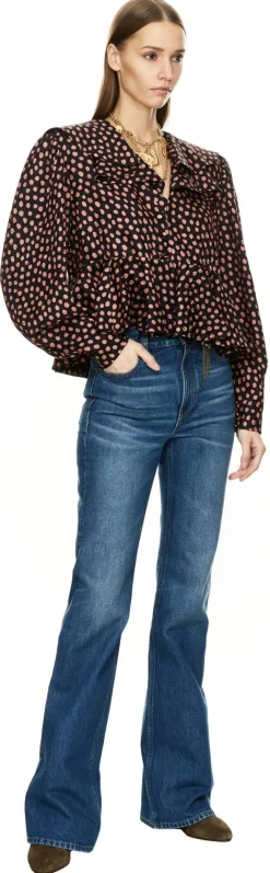 Bluse aus Seidenjacquard mit V-Ausschnitt Schwarz