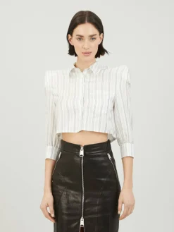 Bluse mit Schulterpolstern Grau/Weiß