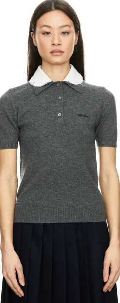 Cashmere-Poloshirt mit besticktem Poplinkragen Grau