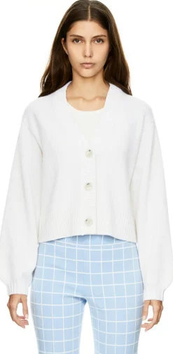 Cashmere-Strickjacke mit Ballonärmeln Weiß