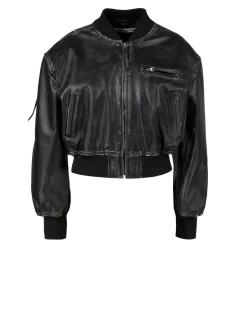 Cropped Bomberjacke aus Leder Schwarz