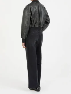 Cropped Bomberjacke aus Leder Schwarz
