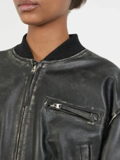 Cropped Bomberjacke aus Leder Schwarz
