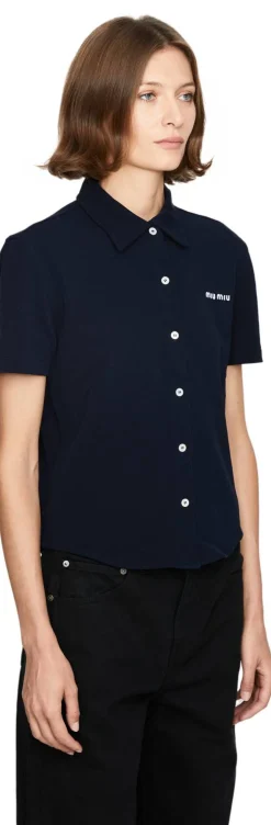 Cropped Hemd mit Logo-Stickerei Marineblau