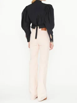 Cropped Jacke aus Seidenfaille mit Puffärmeln Schwarz