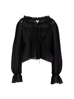 Cropped Seidenbluse mit Rüschen Schwarz