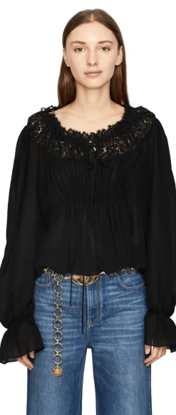 Cropped Seidenbluse mit Rüschen Schwarz
