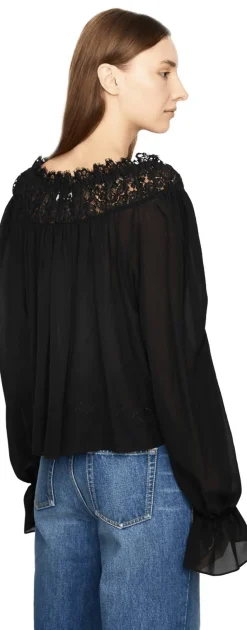 Cropped Seidenbluse mit Rüschen Schwarz