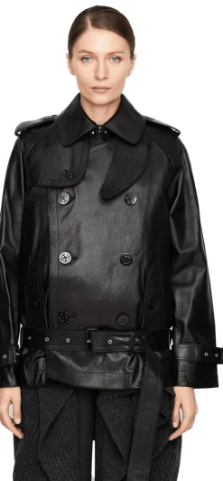 Doppelreihige Lederjacke mit Wolljacke Schwarz