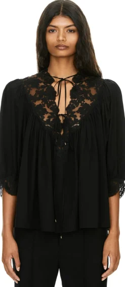 Fließende Bluse aus Crêpe de Chine und Spitze Schwarz