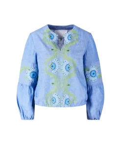 Florale Bluse 'Pepe' mit Stickerei aus Leinen Blau