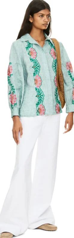 Florale Bluse 'Salvia' mit Stickerei aus Leinen Grün