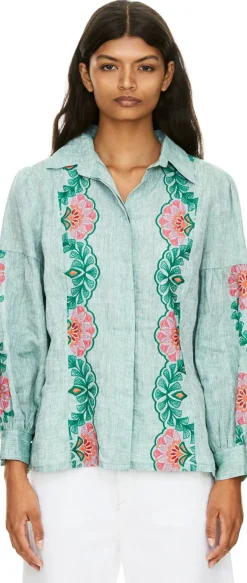 Florale Bluse 'Salvia' mit Stickerei aus Leinen Grün