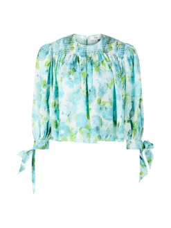 Florale Cropped-Bluse aus Seidenjacquard Petrol