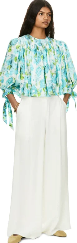 Florale Cropped-Bluse aus Seidenjacquard Petrol