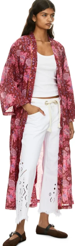 Floraler Voile-Sommermantel mit Taillenband Rot