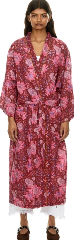 Floraler Voile-Sommermantel mit Taillenband Rot
