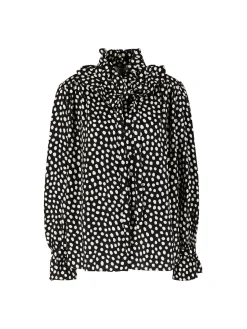 Gepunktete Rüschenbluse aus Seide Schwarz/Beige