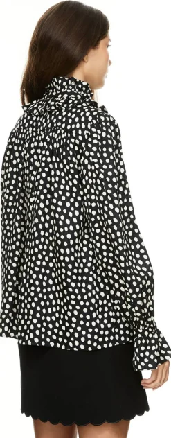 Gepunktete Rüschenbluse aus Seide Schwarz/Beige