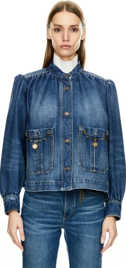 Geraffte Jeansjacke mit Puffärmel Blau