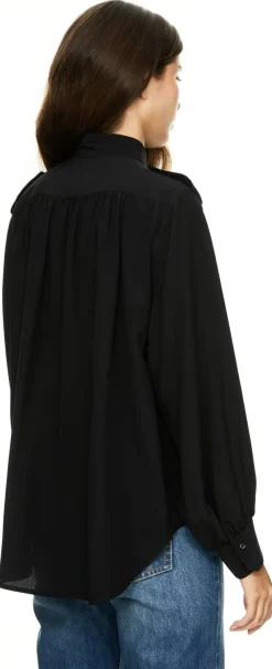 Geraffte Seidenbluse mit Stehkragen Schwarz