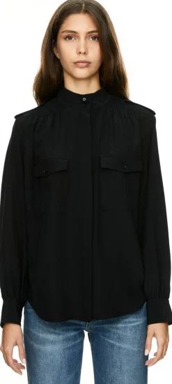 Geraffte Seidenbluse mit Stehkragen Schwarz