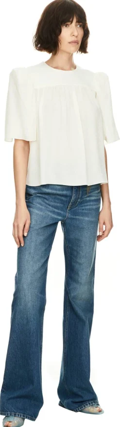Gerafftes Top aus Seidenjacquard Crème