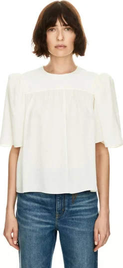Gerafftes Top aus Seidenjacquard Crème