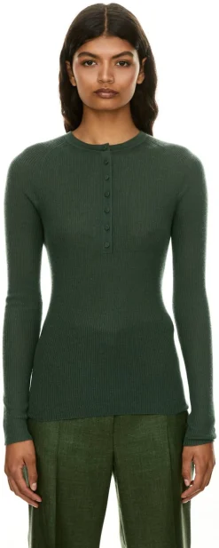 Gerippter Seiden-Cashmere-Pullover 'Anges Henley' Grün