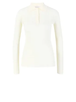 Geripptes Langarmshirt mit Polokragen Crème