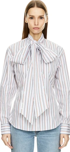 Gestreifte Bluse mit Schal Hellgrau