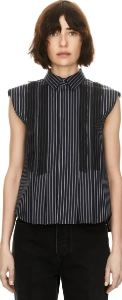 Gestreifte Ärmelose Bluse mit Volants Marineblau