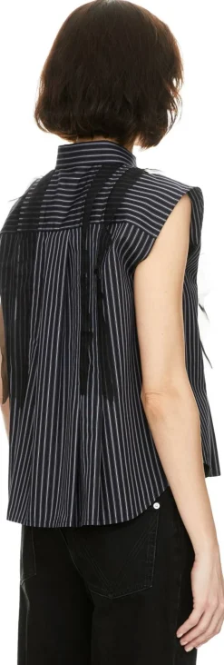 Gestreifte Ärmelose Bluse mit Volants Marineblau