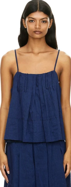Gestreiftes Top aus Seide und Leinen Blau