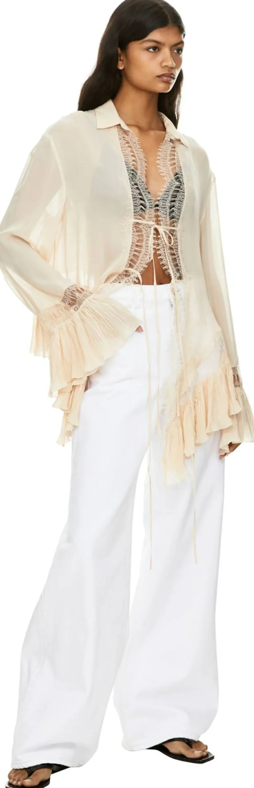 Hemd 'Georgette' mit Spitzenbesatz Beige