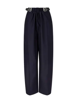 Hose mit Gürtel aus Wolle und Seide Marineblau