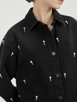 Jeanshemd mit Perlenstickerei Schwarz