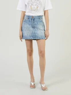 Jeansrock mit Logo-Print Hellblau