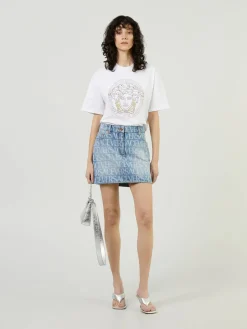 Jeansrock mit Logo-Print Hellblau