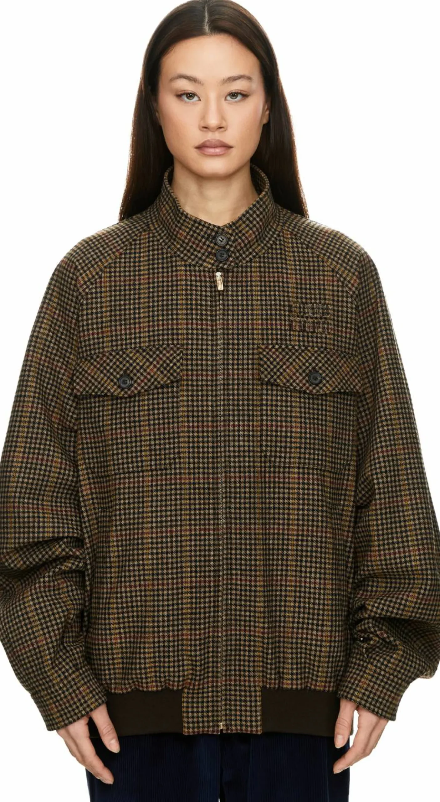 Karierte Wolljacke mit Hahnentrittmuster Braun
