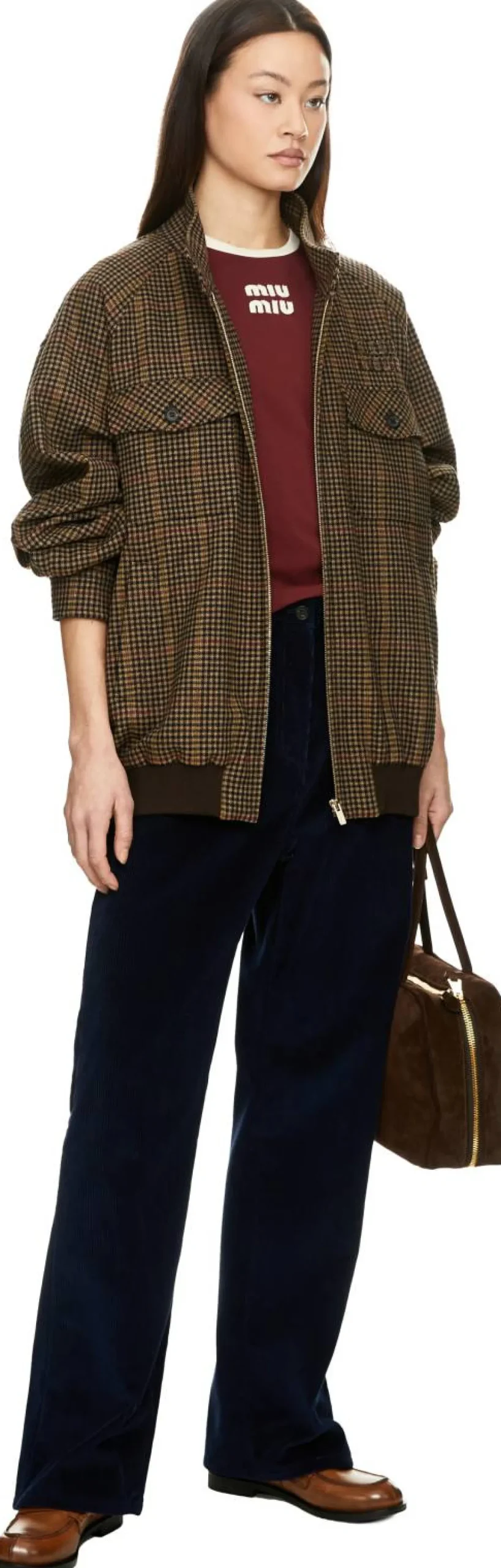 Karierte Wolljacke mit Hahnentrittmuster Braun