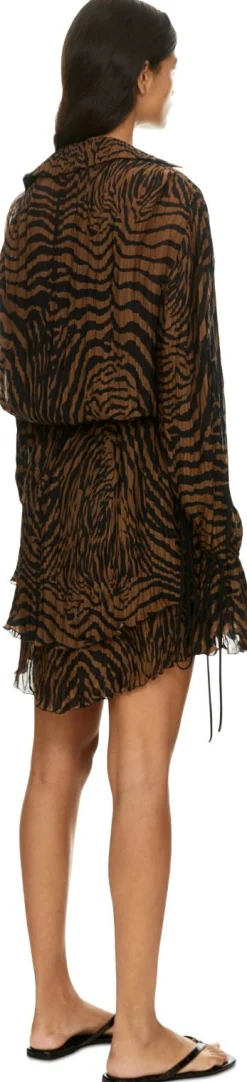 Kurzes Chiffonkleid mit Volants und Spitze Braun