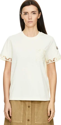 Kurzärmeliges T-Shirt mit Makramee-Besatz Beige