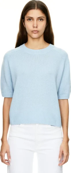 Kurzärmliger Cashmere-Pullover mit Rundhalsausschnitt Hellblau