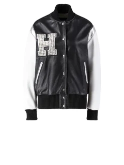 Lederbomberjacke im College-Stil Schwarz