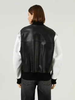 Lederbomberjacke im College-Stil Schwarz