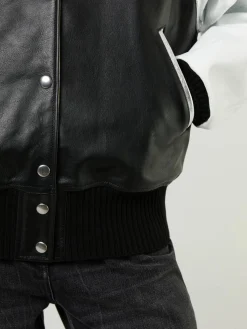 Lederbomberjacke im College-Stil Schwarz